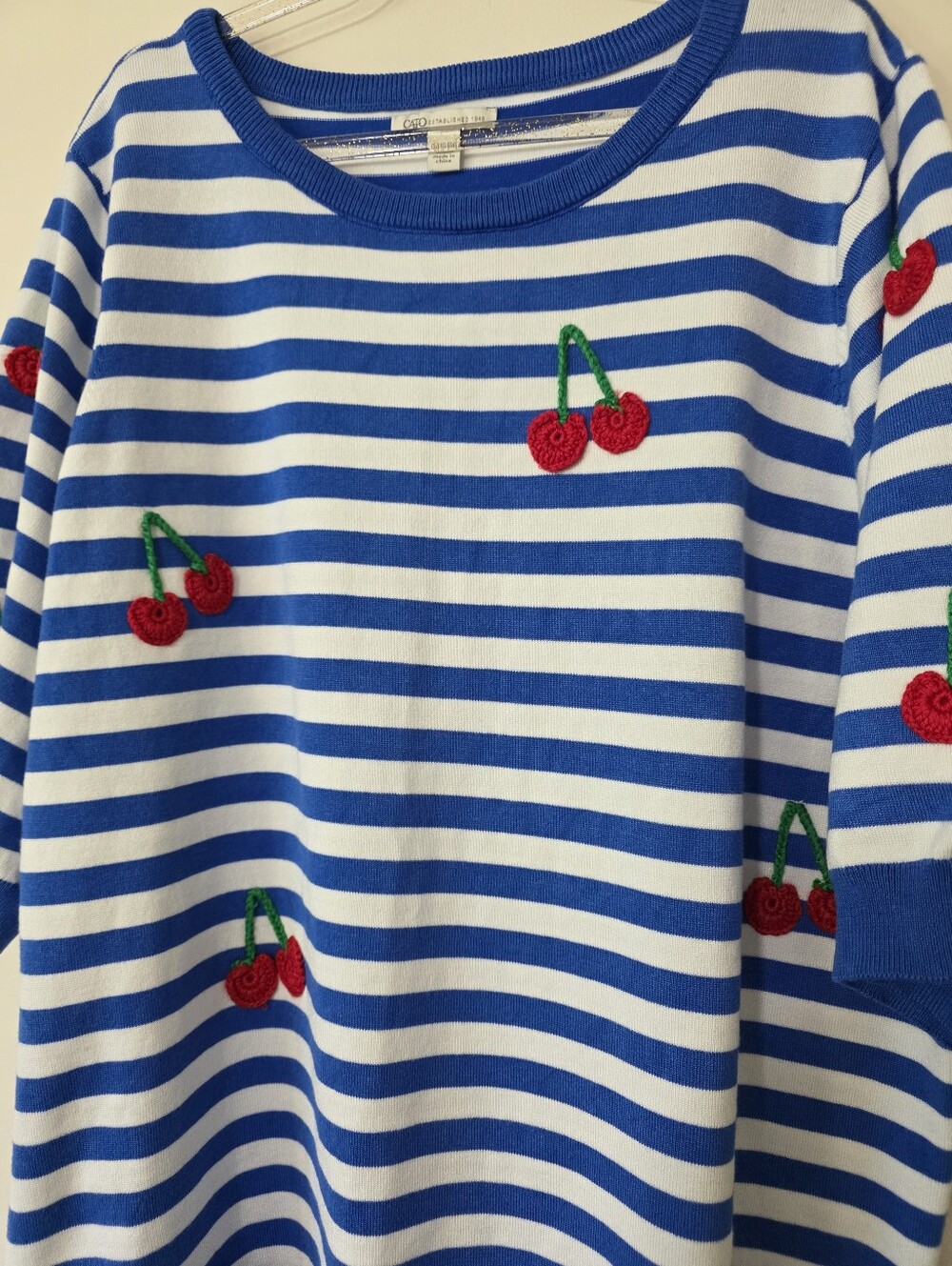 Half Sleeve Striped Cherry Crocheted Knit Sweater Cottagecore Soft Girl 3X